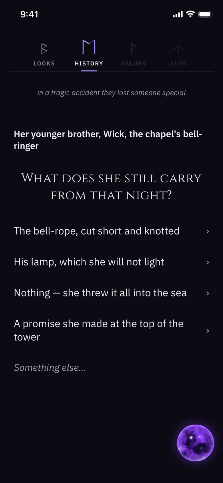 The orb on a phone, offering a player suggestions for their character's story.