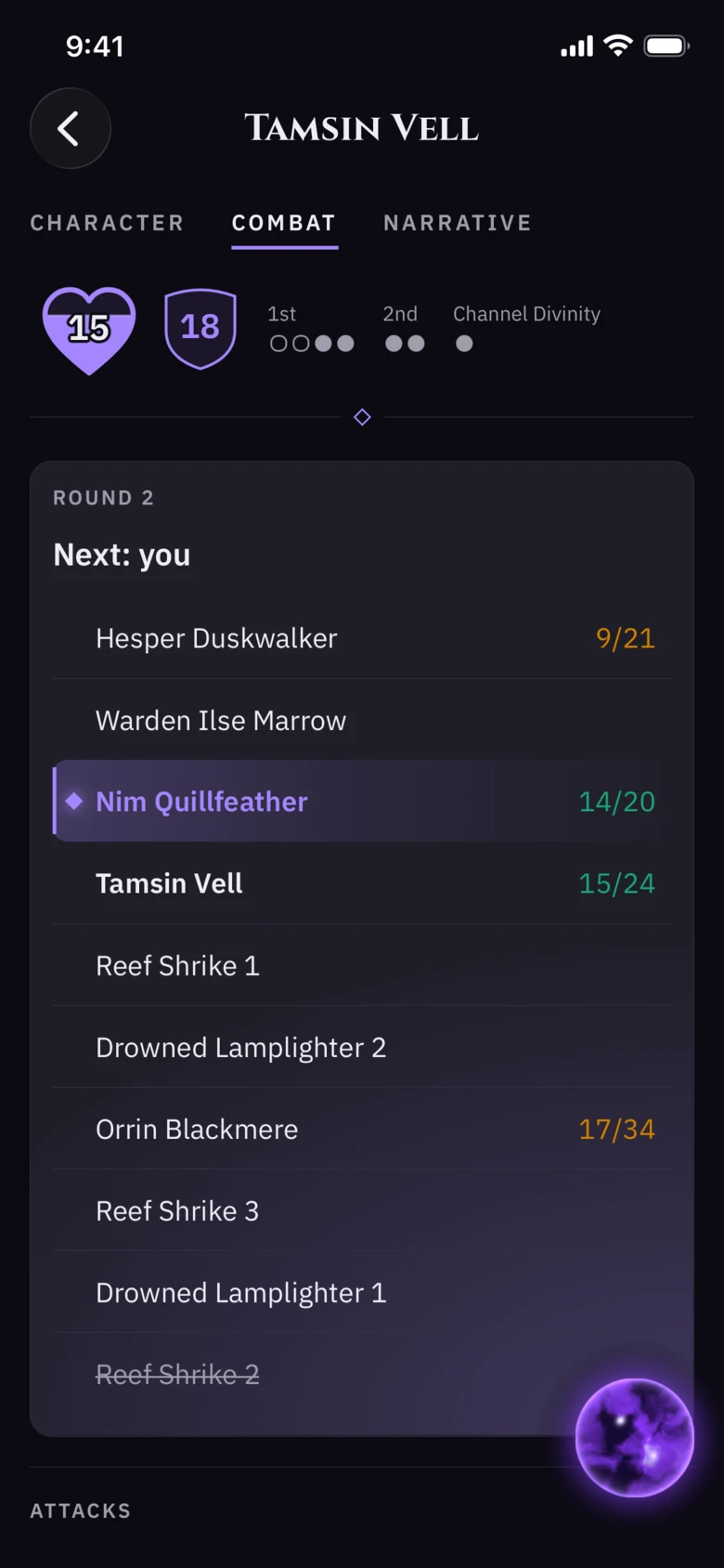 A character sheet on a phone: abilities, hit points and the Combat tab.